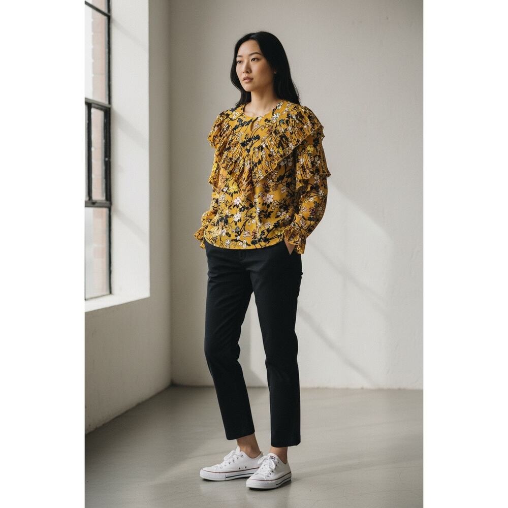 Code X Mode Floral Ruffle Blouse Size Small Mustard Yellow Boho Pleated Top
